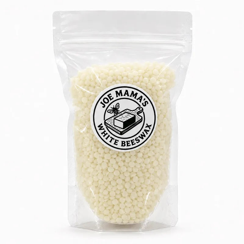 Joe Mama's refined white beeswax pellets in a resealable pouch